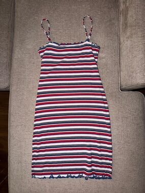 Striped Ribbed Tank Dress in White, Red & Blue